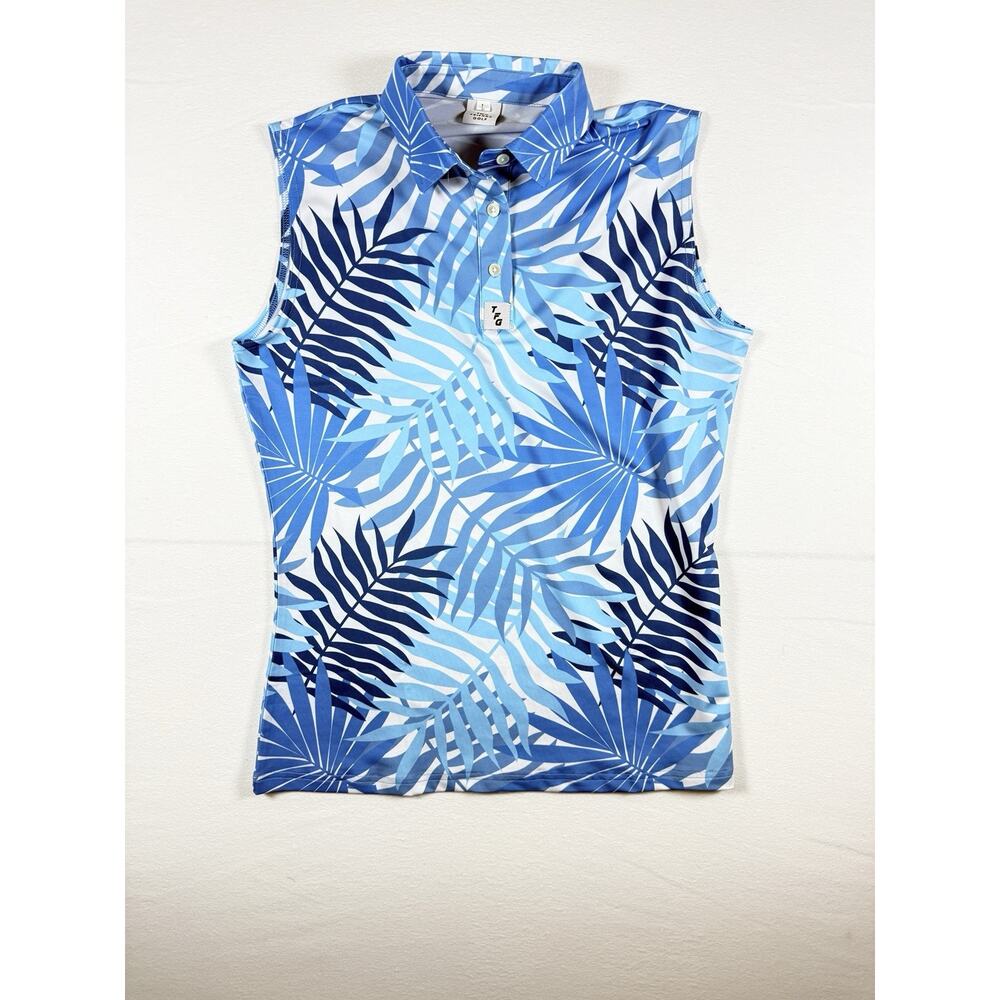 Two Friends Golf Women’s Tropical Blue Leaf Polo Shirt L Stretch Performance